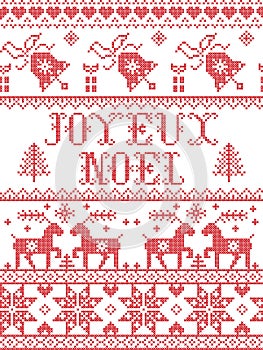 Christmas pattern Joyeux Noel seamless pattern inspired by Nordic culture festive winter in cross stitch with heart, snowf