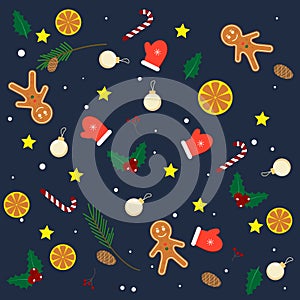 Christmas pattern with lemons, cones, stars, gingerbread man, candy on blue background.