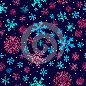 Christmas pattern made of snowflakes and dots, vector winter seamless background with snow, xmas design holiday