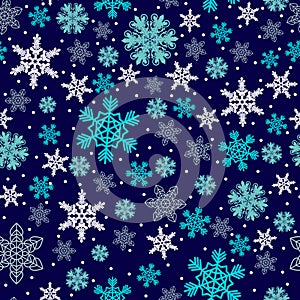 Christmas pattern made of snowflakes and dots, vector winter seamless background with snow, xmas design holiday