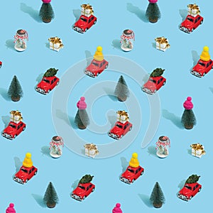 Christmas pattern made with various winter and New Year objects on bright light blue background. Minimal Christmas