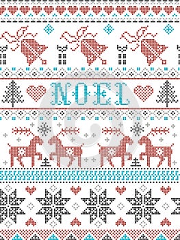Christmas Pattern Noel Scandinavian style, inspired by Norwegian festive winter culture, seamless, in cross stitch with reindeer
