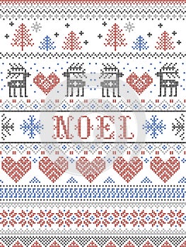 Christmas Pattern Noel Scandinavian style, inspired by Norwegian festive winter culture, seamless, in cross stitch with reindeer