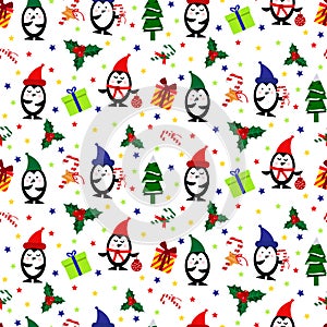 Christmas pattern with penguins and gifts.