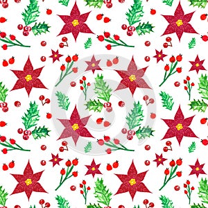 Christmas pattern with red poinsettia flowers and holly berries on white background, hand painted watercolor illustration