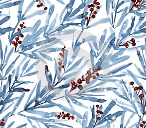Christmas pattern with red winter berries. Christmas winter background painted by watercolor