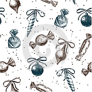 Christmas pattern seamless, hand drawing sketch illustration. Vector christmas toy and candy