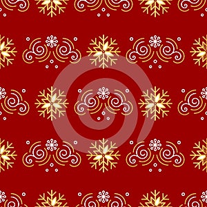 Christmas pattern seamless, New Year wrapping paper. Elegant red background, golden snowflakes, trendy line swirls