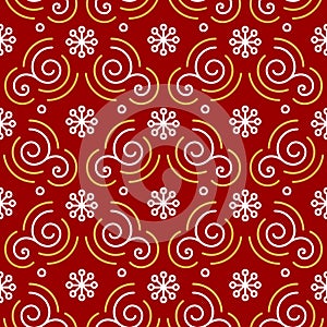Christmas pattern seamless. Trendy line golden swirls, curls, snowflakes on a red background. New Year wrapping paper