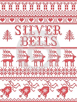 Christmas pattern Silver bells carol seamless pattern inspired by Nordic culture festive winter in cross stitch with heart