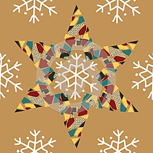 Christmas pattern with snowflakes and colorful paper stars