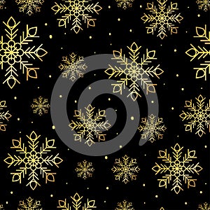 Christmas pattern with snowflakes isolated on black background.