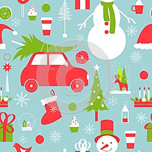 Christmas pattern with snowman, car and tree