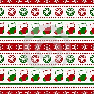 Christmas pattern with socks and candy. Vector seamless background.