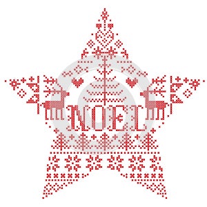 Christmas pattern in star shape with Noel word inspired by Nordic culture festive winter in cross stitch with heart