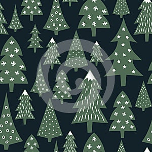 Christmas pattern - varied Xmas trees and snowflakes. Simple seamless Happy New Year background.