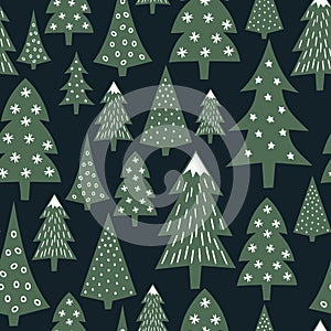 Christmas pattern - varied Xmas trees and snowflakes. Simple seamless Happy New Year background. photo