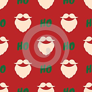 Christmas pattern. Vector seamless background with a beard, moustache and text Ho Ho Ho. Traditional colors. Festive design for