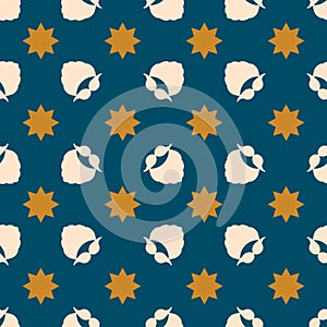 Christmas pattern. Vector seamless background with a beard, mustache, and stars. Navy blue, gold, shampagne color. Festive design