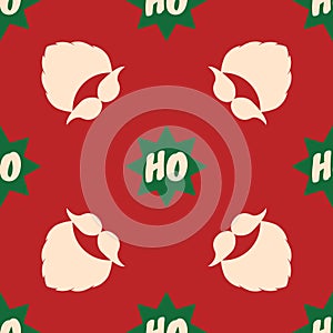 Christmas pattern. Vector seamless background with a beard, mustache, and text Ho Ho Ho in stars. Red. green, shampagne color.