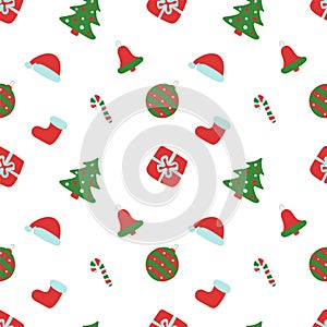 Christmas pattern. Winter holiday wallpaper. Seamless texture for the New Year. Santa Claus cap, tree, bag, gift, stick, bell and