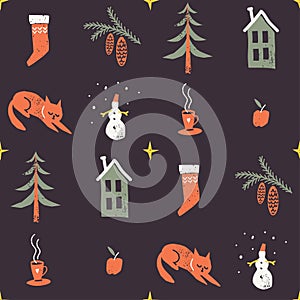 Christmas pattern. Winter symbols and objects