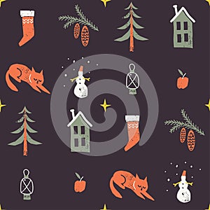 Christmas pattern. Winter symbols and objects