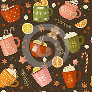 Christmas pattern. Xmas cups with beverage hot drinks coffee and tea recent vector seamless background