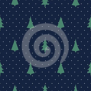Christmas pattern with Xmas trees on polka dots background.