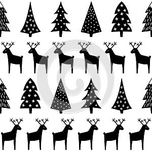 Christmas pattern - Xmas trees, reindeer and snowflakes.