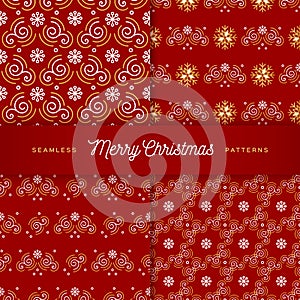 Christmas patterns seamless. Trendy line golden swirls, curls, snowflakes on a red background. Set of New Year wrapping