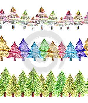Christmas pencil horizontal seamless banner with trees