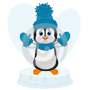 Christmas penguin character. Happy new year penguin design with blue hat . Stock holiday vector animal illustration