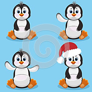 Christmas penguin characters set. Happy new year penguins design. Stock holiday vector animal illustrations on blue