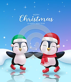 Christmas penguin characters vector design. Merry christmas and happy new year greeting text with twin smiling penguins