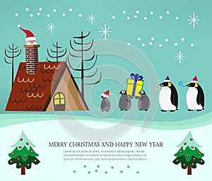 Christmas penguin family and santa