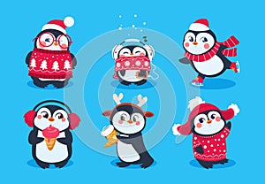 Christmas penguin. Funny snow animals, cute baby penguins cartoon characters in winter hat. Isolated vector set