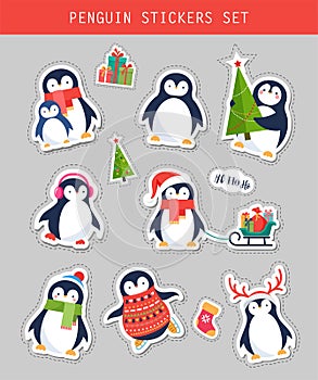 Christmas penguin stickers set, patches and labels