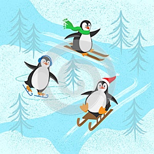 Christmas penguins slide down winter hills