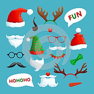 Christmas photo booth. Santa hats, mustache, beard and reindeer antlers xmas props vector collection