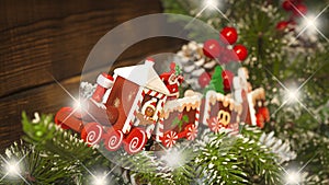 Christmas photo card with toy Train close-up and bokeh. Christmas card, congratulation, holiday package