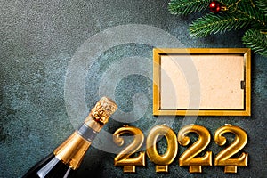 Christmas photo frame mock up template with decoration on dark background. View from above. New year mockup. New year composition