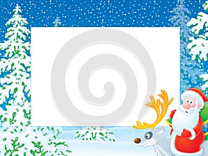 Christmas photo frame with Santa Claus riding on r