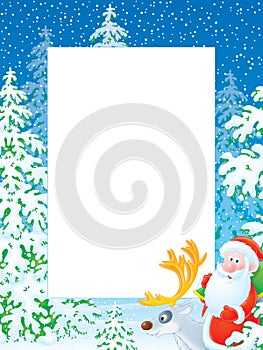 Christmas photo frame with Santa Claus riding on r