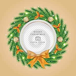 Christmas photo frame with white-golden decoration ball. Xmas frame with golden leaves and ribbon. Christmas photo frame with red