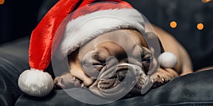 Christmas Photo of French Bulldog Puppy in Santa Hat a Memorable Moment of Love