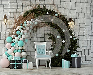 Christmas photo zone. Arch from a Christmas tree, balls, garlands, New Year`s decorations. Gift boxes, empty blue chair