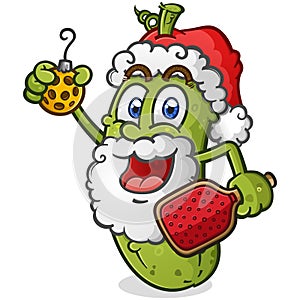 Christmas Pickle Cartoon character dressed as Santa Claus and playing pickleball