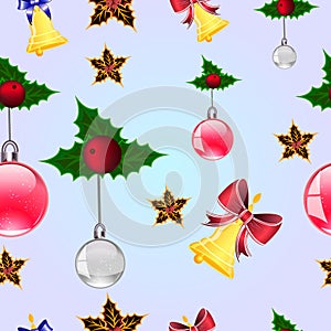 Christmas picture. Mistletoe, Christmas ball.Vector illustration. New Year`s bells. Seamless pattern.Vector illustration.
