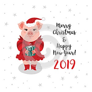 Christmas pig greeting card, Merry Christmas Happy New Year 2019 card. A cartoon pig in a red Santa Claus hat holds a